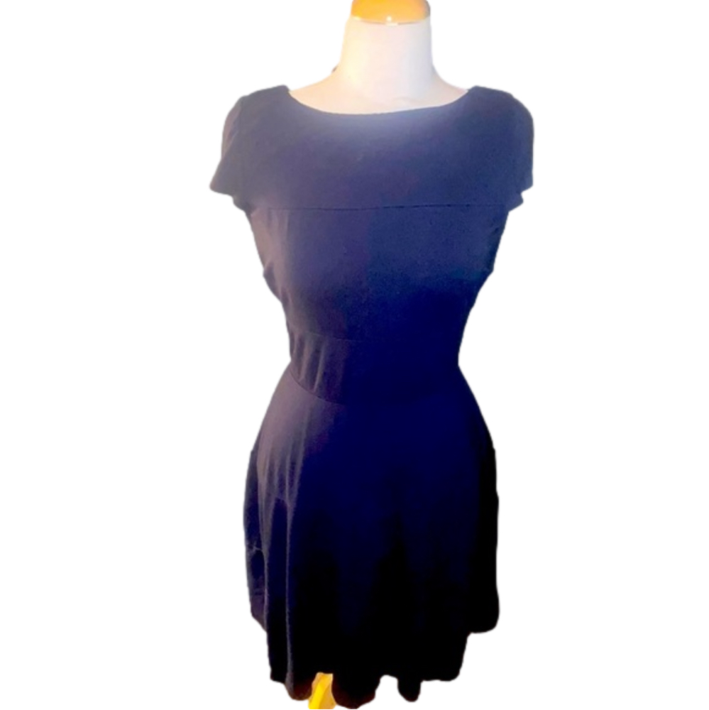 Banana Republic Solid Navy Blue Short Sleeve Flared Flounce Hem Dress